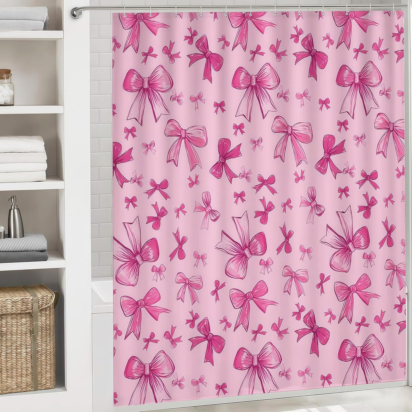 SDIII Pink Bow Shower Curtain Set 72x72 Inch, Waterproof Microfiber Cute Pink Shower Curtain Set Bowknot for Aesthetic Princess Themed Bathroom Decor