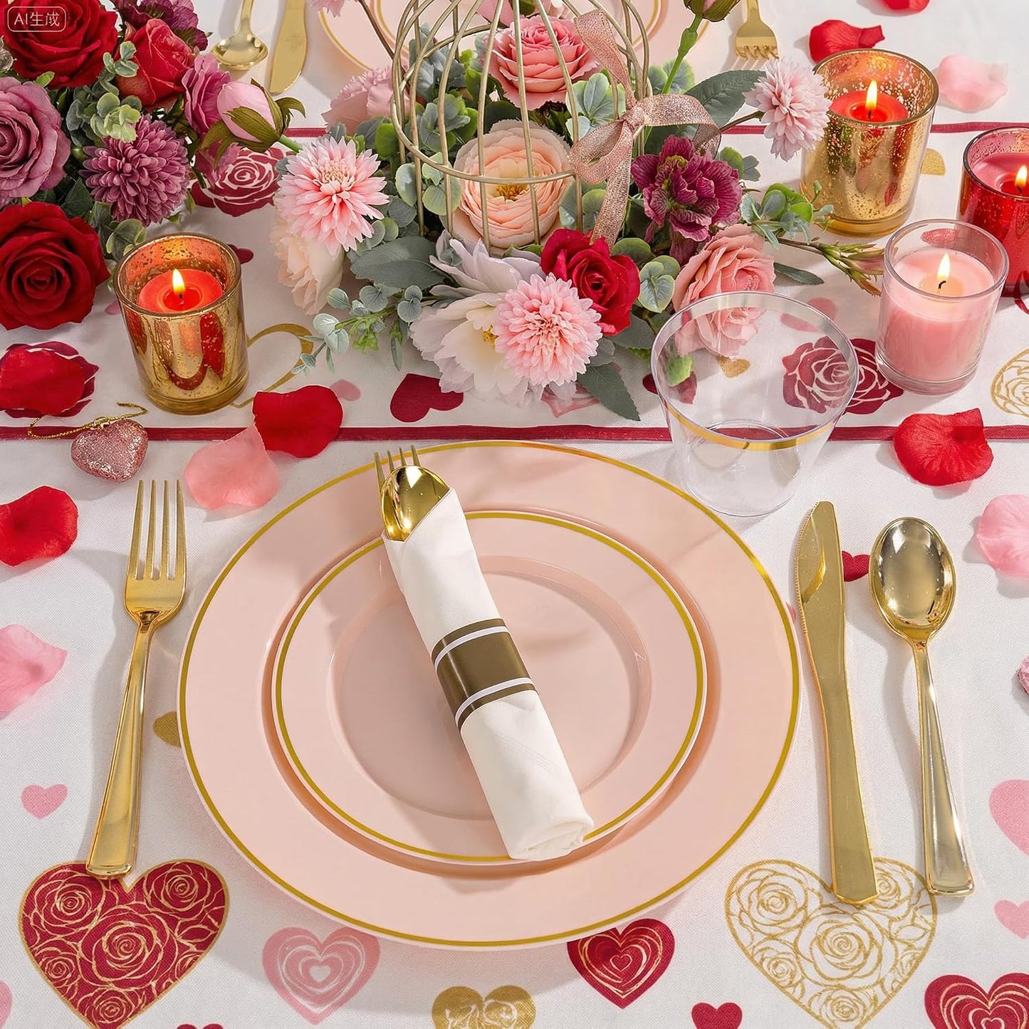 SUT 350 Pcs Pink and Gold Plastic Dinnerware Set for 50 Guests, Include: 50 Dinner Plates, 50 Dessert Plates, 50 Pre Rolled Napkins With Silverware, 50 Cups, Disposable Plates for Baby Shower, Party