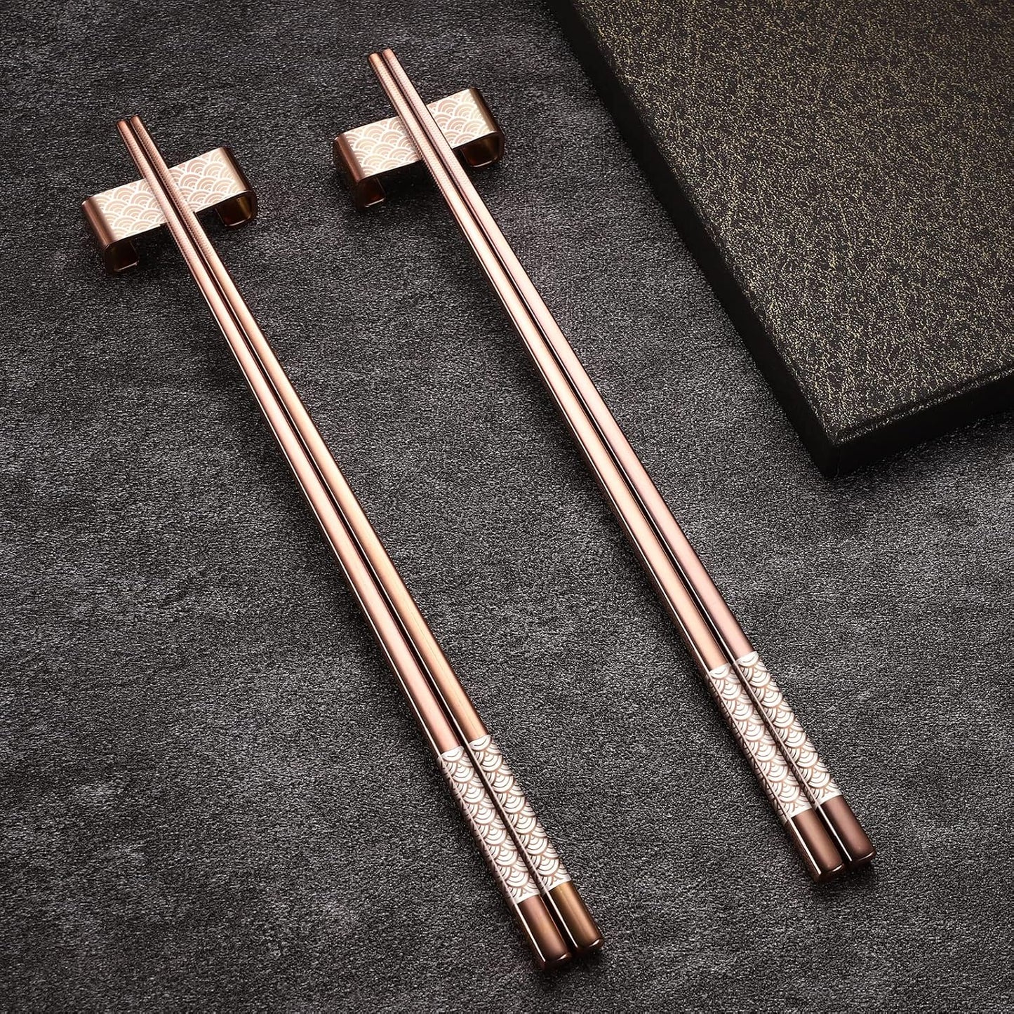 Titanium Stainless Steel 18/8 Reusable Chopsticks - 2 Pairs with Holder, Dishwasher Safe, Lightweight Japanese Style Gift Set (Rose Gold)