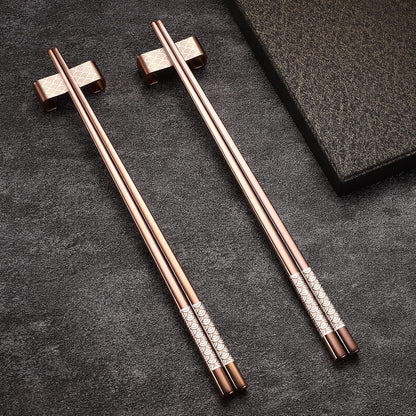 Titanium Stainless Steel 18/8 Reusable Chopsticks - 2 Pairs with Holder, Dishwasher Safe, Lightweight Japanese Style Gift Set (Rose Gold)