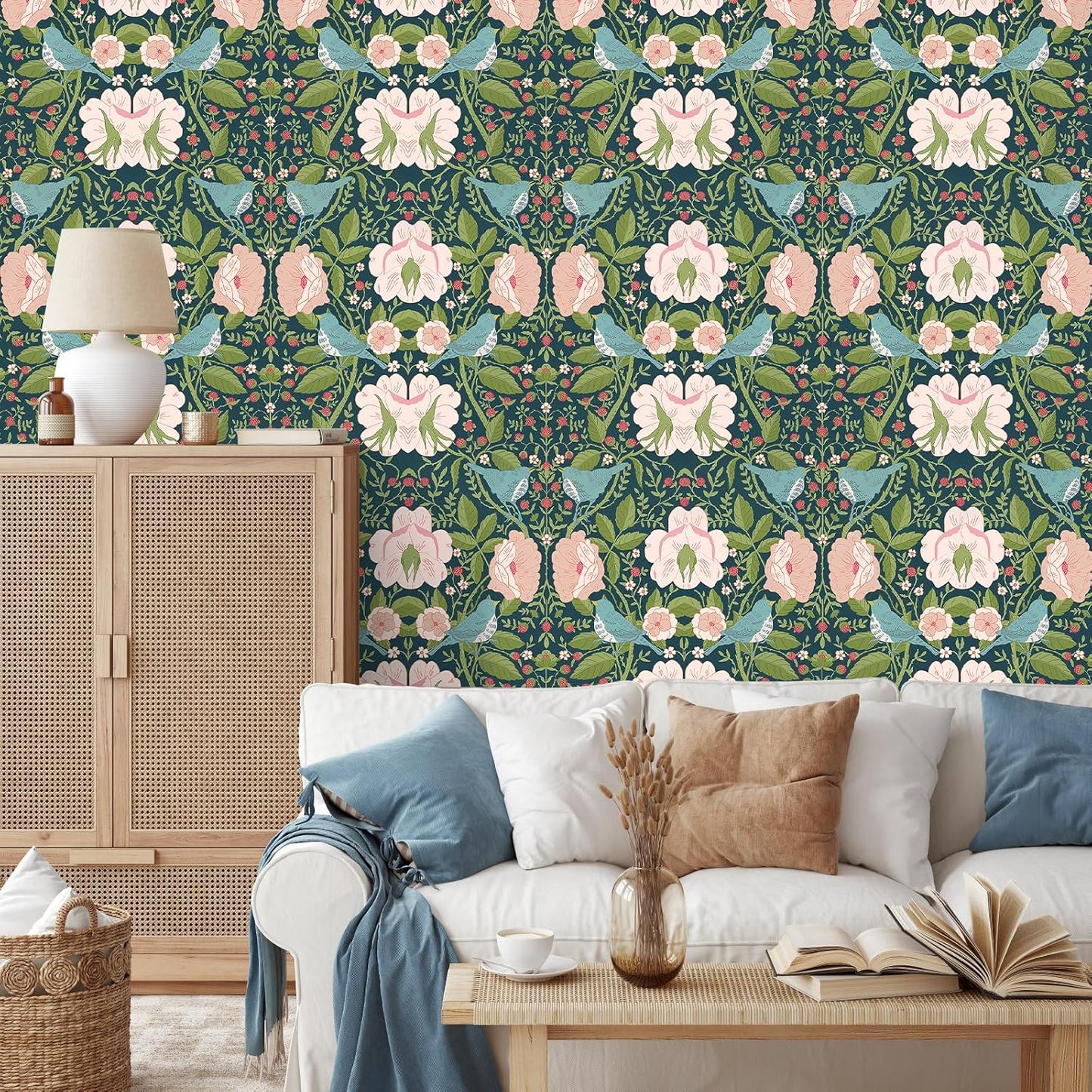 HAOKHOME Floral Peel and Stick Wallpaper Floral Bird Strawberry Green/Pink/Blue Removable Paper for Bathroom Bedroom Decor 17.3in x 9.8ft