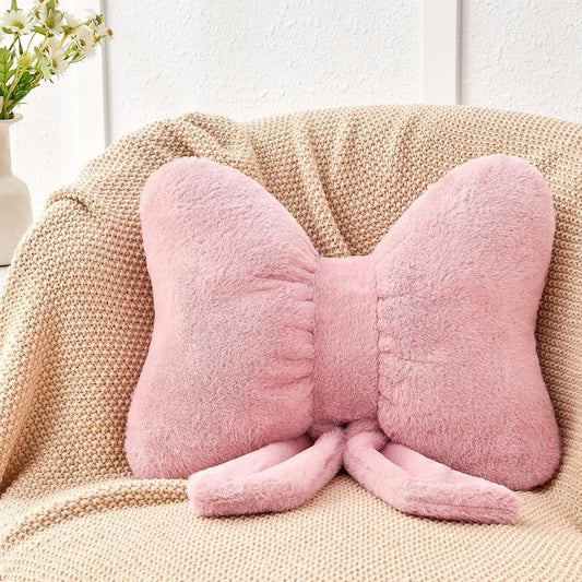 Dusty Pink Bow Pillow,12'' Bow Decorative Pillows with Faux Rabbit Fur,Soft Bow Throw Pillows Aesthetic Bow Shaped Pillow for Bed Sofa Couch Home Decor