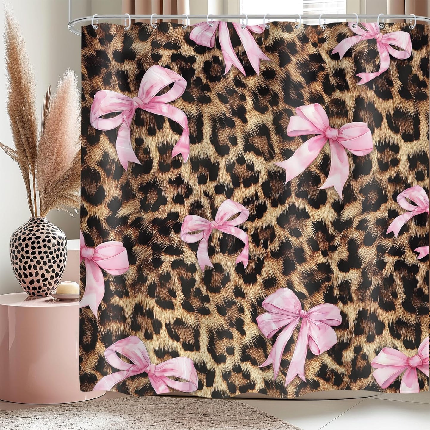 Pink Bow Leopard Print Shower Curtain 60Wx72H Inches Girly Preppy Modern Fruit Fashion Pretty Sweet for Girls Cloth Fabric Waterproof Polyester Bathroom Home Decor Set with Hooks