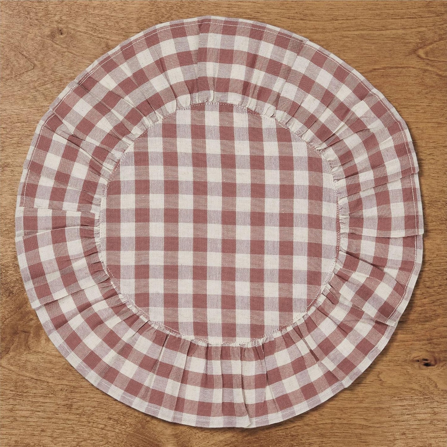 VHC Brands Rosehill Cottage Dusty Rose Gingham Round Ruffled Cotton Placemats - Set of 6-15in Pink & Natural Table Mats