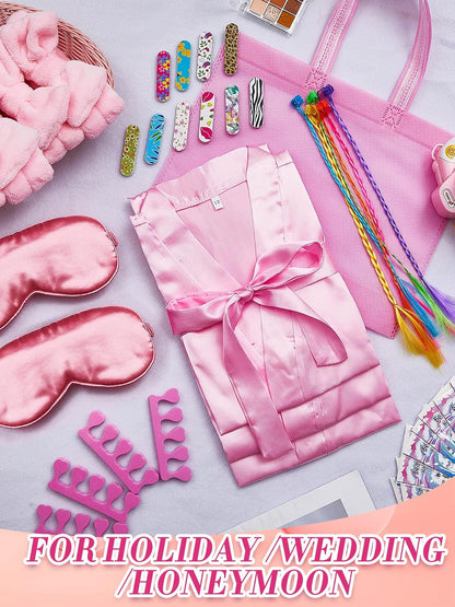 Xuhal 92 Pcs Spa Party Favors for Girls Slumber Party Supplies Kids Satin Robes Sleepover with Gift Bags for Girl Kids Birthday Gifts Total 10 Sets(Pink,12)