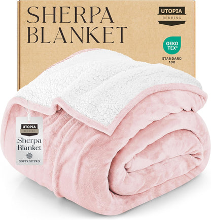 Utopia Bedding Sherpa Blanket Full Size (Pink, 90x84 Inches) - Soft Lightweight Plush Fleece Reversible Blanket for Bed, Sofa, Couch, Camping and Travel