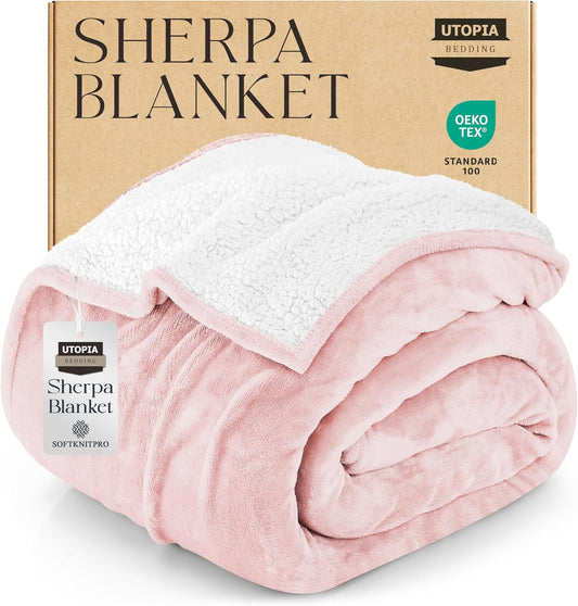 Utopia Bedding Sherpa Blanket Full Size (Pink, 90x84 Inches) - Soft Lightweight Plush Fleece Reversible Blanket for Bed, Sofa, Couch, Camping and Travel