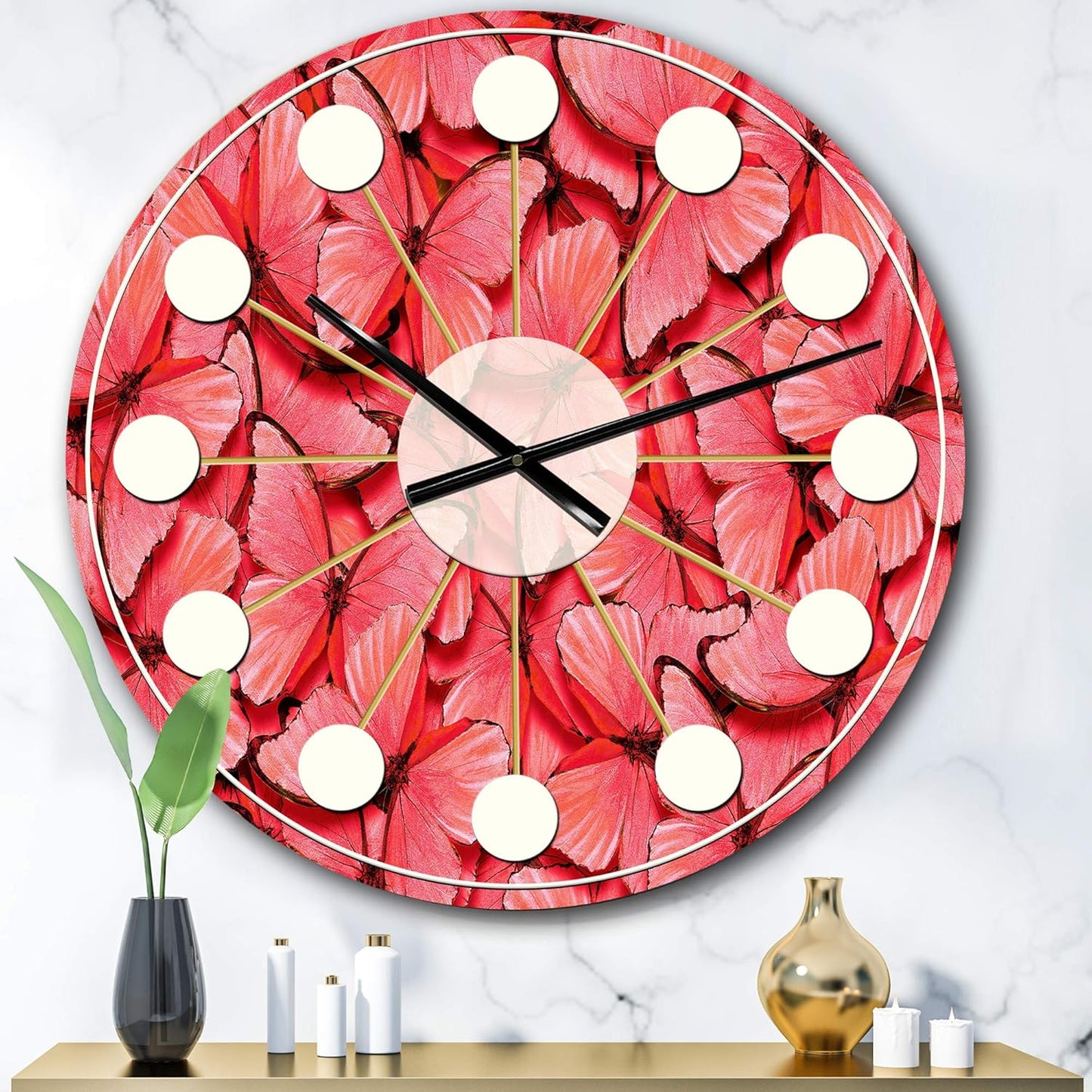 DesignQ Mid-Century Modern Wall Clock 'Coral Pink Butterflies' Red Round Wall Clock for Home Decor