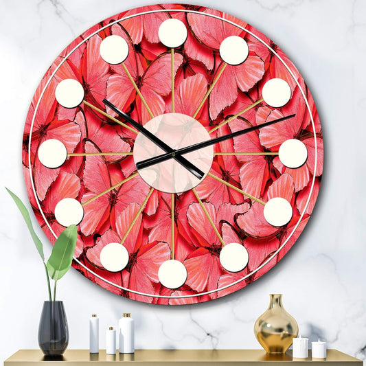 DesignQ Mid-Century Modern Wall Clock 'Coral Pink Butterflies' Red Round Wall Clock for Home Decor