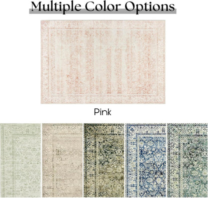 Pink Area Rug for Living Room Low Pile Soft 8 x 10 Carpet with Non Slip Washable Neutral Boho Floral Rugs for Hardwood Floor Protector Extra Large Area Rugs 8x10 for Big Nursery Bedroom Livingroom
