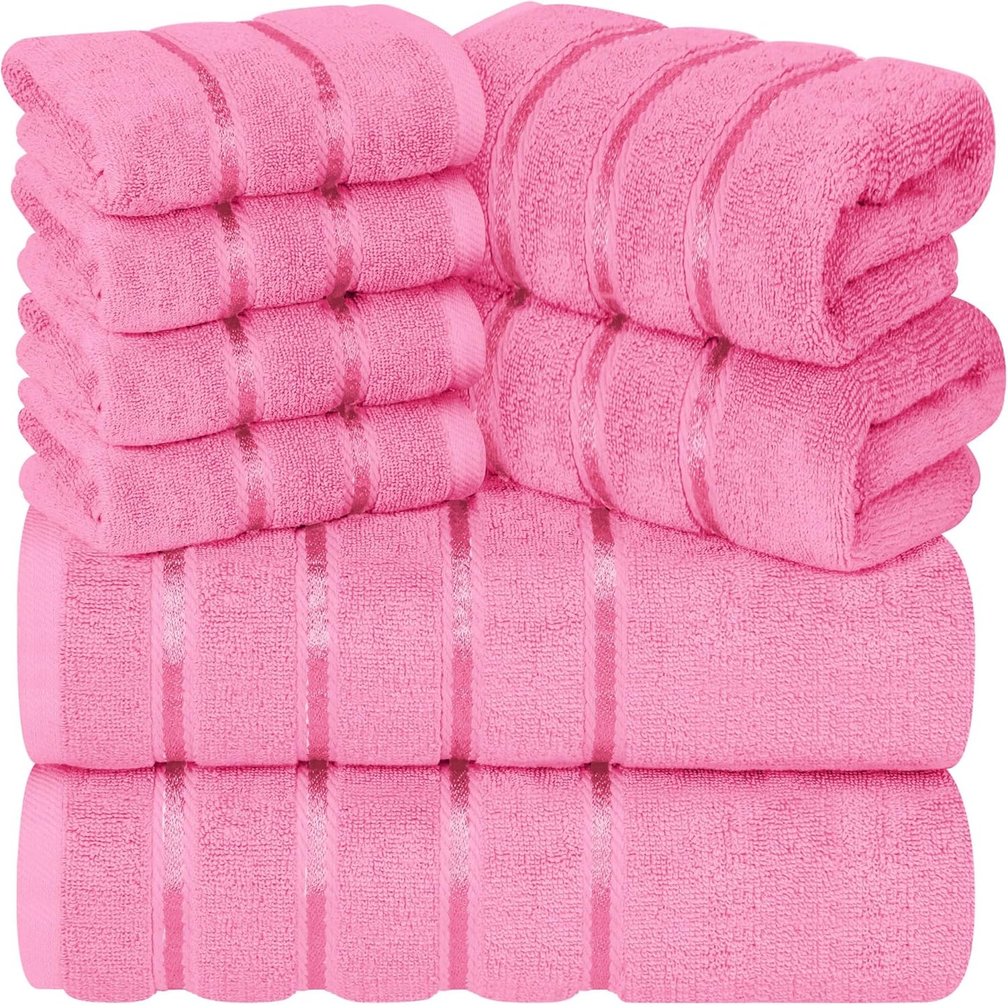 8 Piece Luxury Towel Set, 600 GSM Ring Spun Cotton, Soft & Absorbent Viscose Stripe Towels, 2 Bath, 2 Hand, and 4 Wash Cloths Ideal for Daily Use, Pink