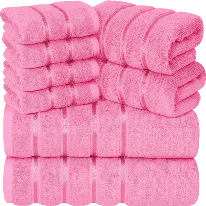 8 Piece Luxury Towel Set, 600 GSM Ring Spun Cotton, Soft & Absorbent Viscose Stripe Towels, 2 Bath, 2 Hand, and 4 Wash Cloths Ideal for Daily Use, Pink