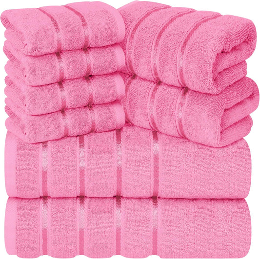 8 Piece Luxury Towel Set, 600 GSM Ring Spun Cotton, Soft & Absorbent Viscose Stripe Towels, 2 Bath, 2 Hand, and 4 Wash Cloths Ideal for Daily Use, Pink