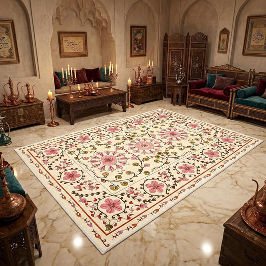 5x7 Boho Floral Area Rug - Washable Vintage Botanical Living Room Carpet, Non-Slip Low-Pile Large Floor Mat for Bedroom, Dining Room, and Home Office (Cream/Pink)