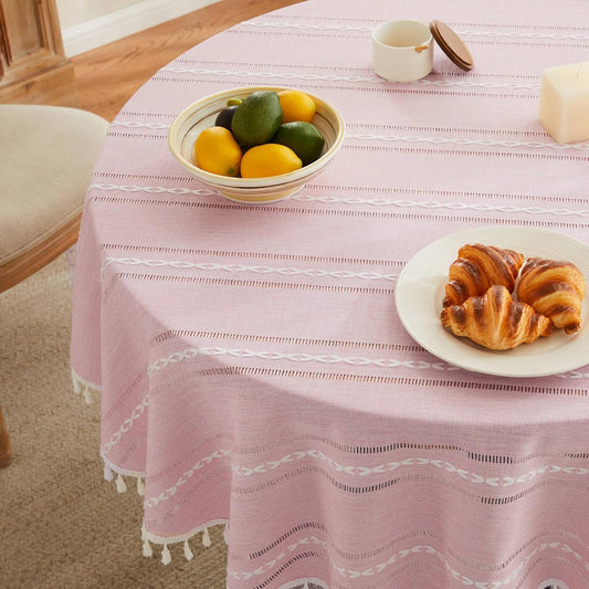 ZeeMart Hemstitched Embroidery Striped Boho Tablecloth 54 Inch Round Pink, Heavy Weight Farmhouse Burlap Linen Pink Tablecloth, Wrinkle Resistant Washable Table Cloth for Round Table