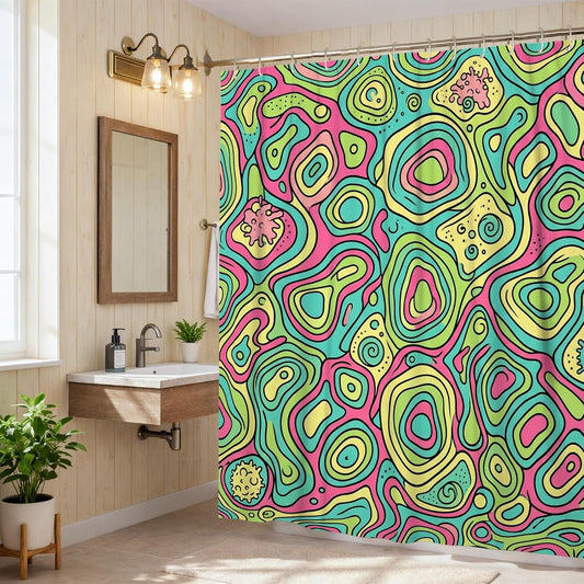 Swirls Shower Curtain, Modern Abstract Dots Curves Summer Peach Polyester Waterproof Bathtub Cloth Curtains for Bathroom Bathtub Apartment Decor 62x72 Inch