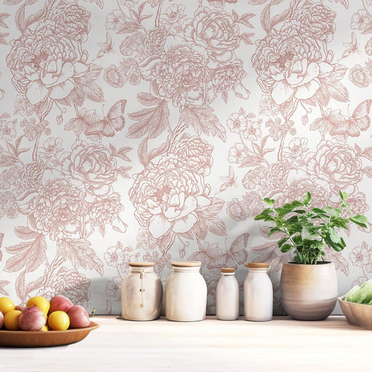 Safiyya Floral Peel and Stick Wallpaper Pink and White Contact Paper Boho Wallpaper for Bedroom Peony Wall Paper for Bathroom Removable Self Adhesive Vinyl Rolls 17.3''×78.7''