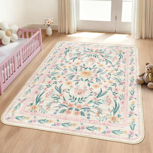 Pink Boho Rug 5x8 with Rounded Corners – Washable Floral Pastel Non-Slip Area Rug for Nursery, Girls Bedroom, Kids Room, Living Room, Playroom, Dorm Decor