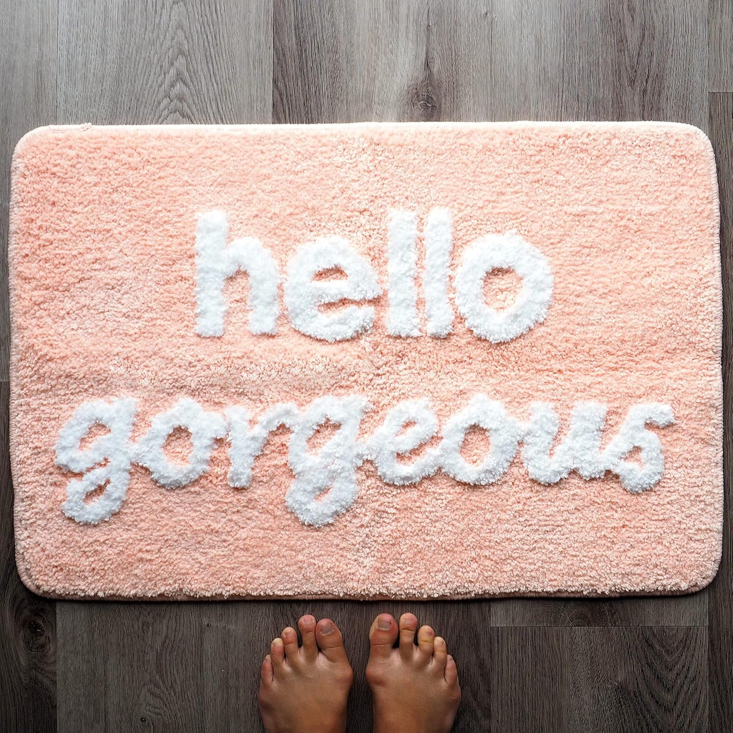 Hello Gorgeous Bath Mat Peach Orange Coral Beautiful Cute Bathroom Rugs for Girls Pink You Look Good Funny Shower Fun Bathroom Decor Non-Slip Washable Kids Women