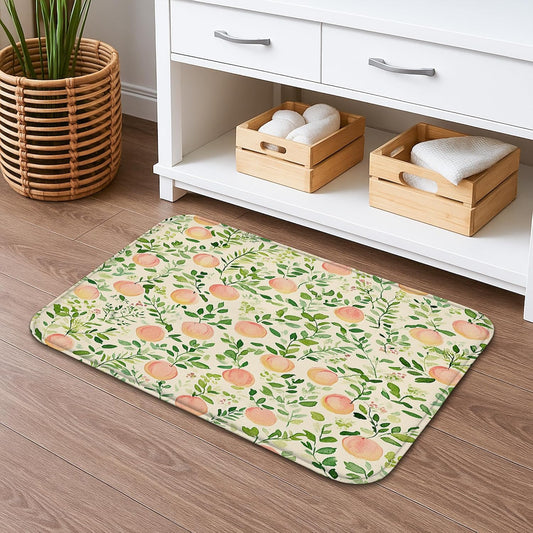 Peach Floral Quick Dry Bath Mat, Watercolor Fruit Botanical Absorbent Non Slip Shower Mat, Spring Summer Memory Foam Washable Bath Rugs for Bathroom Toilet Restroom Decorative 20x32 Inch