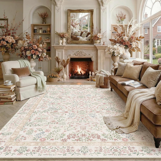 PureCozy 8x10 Pink Area Rug for Living Room Bedroom Washable Vintage Floral Carpet Low Pile Non Slip Botanical Aesthetic Large Dining Room Soft Accent Throw Rug Nursery Office Indoor