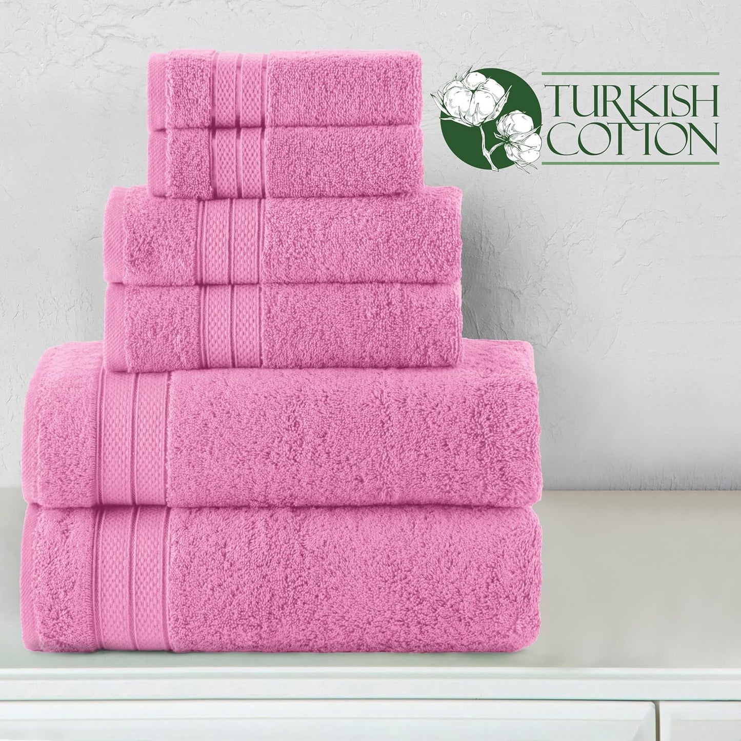 Elegant Comfort Luxury 6-Piece Towel Set, Premium Soft 100% Turkish Cotton, Three Line Popcorn Design 2 Bath Towels, 2 Hand Towels and 2 Washcloths Towel Set - Quick-Drying and Absorbent, Light Pink