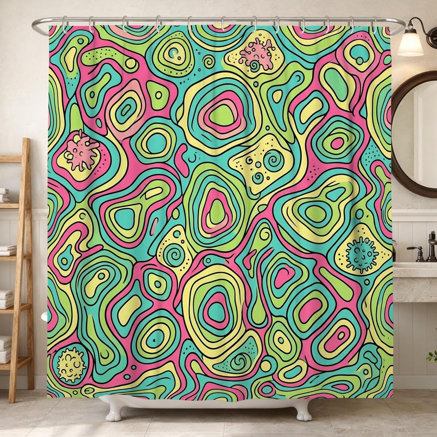 Swirls Shower Curtain, Modern Abstract Dots Curves Summer Peach Polyester Waterproof Bathtub Cloth Curtains for Bathroom Bathtub Apartment Decor 62x72 Inch