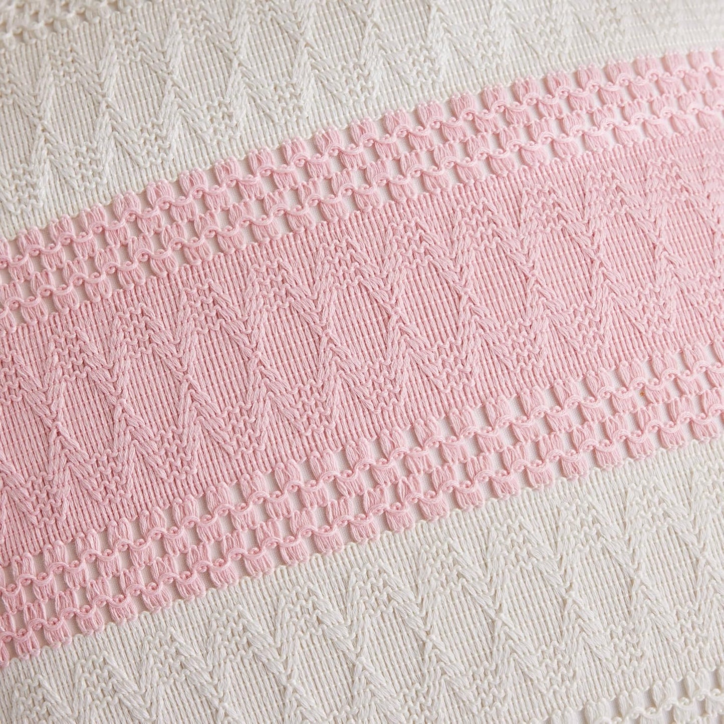 Soft Cotton Boho Lumbar Throw Pillow Covers Set of 2, Natural White/Contrast Light Pink 12x20 Inch, Light Pink Farmhouse Decorative Cushion Covers for Sofa Bed Living Room Home Decor