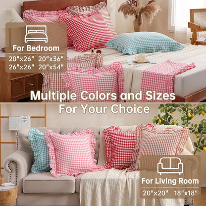 Pink Tan Gingham Throw Pillow Covers 100% Washed Cotton Like Linen Feel Soft Comfy Ruffle Farmhouse Decorative Pillow Cases Sham Set of 2 for Couch Sofa Bed (20x20 Inches, Zipper Closure)