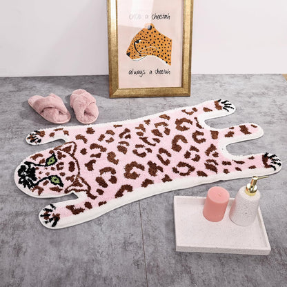 Panstar Cute Pink Leopard Bath Mat for Bathroom, Cute Cartoon Bath Mat Non Slip Animals Shaped Absorbent Bathtub Rug Bathroom Plush Shower Rugs