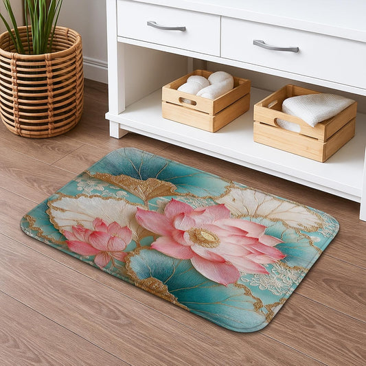 Water Lily Floral Quick Dry Bath Mat, Peach Flower and Leaf Design Non Slip Shower Mat, Memory Foam Washable Bath Rugs for Bathroom 20x32 Inch