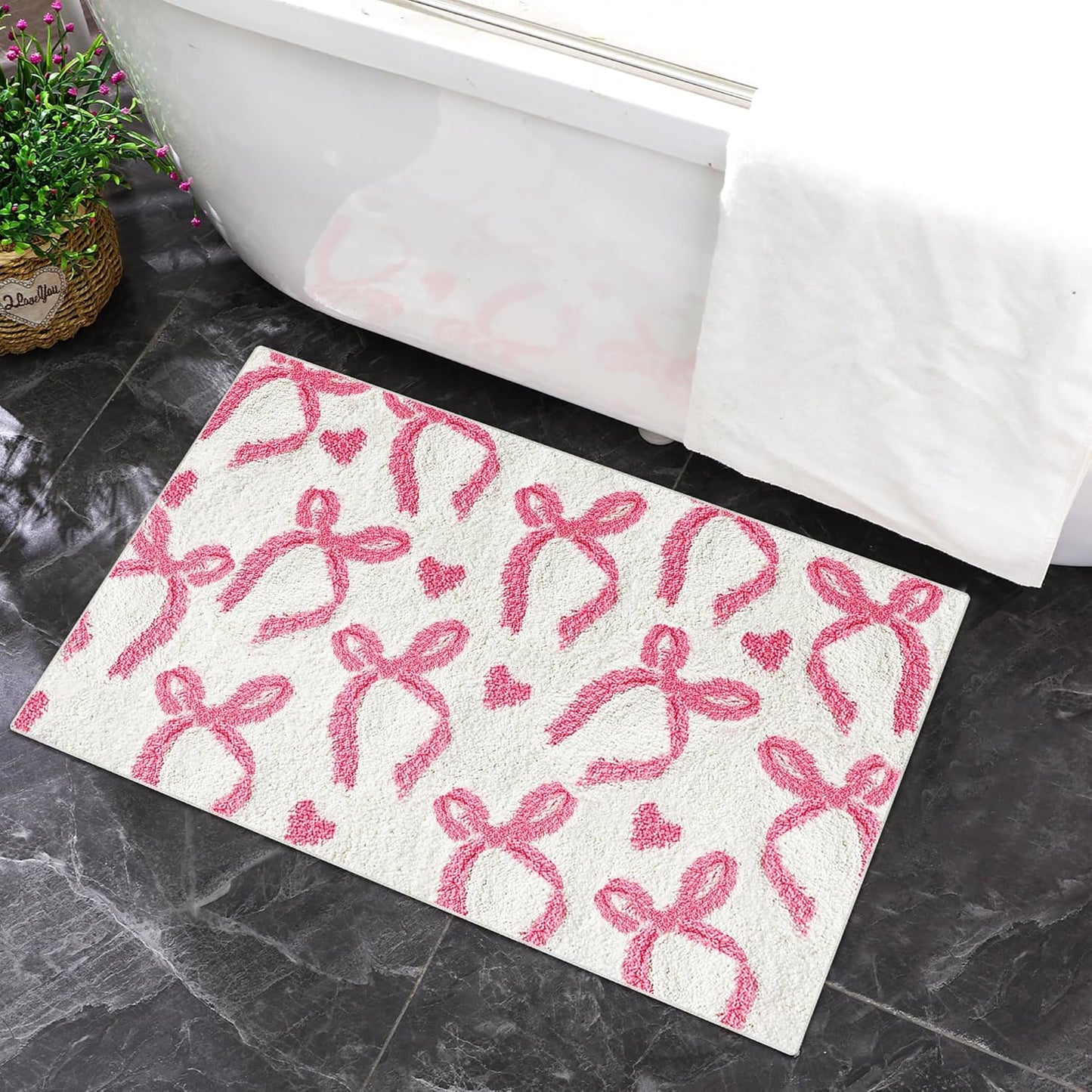 Tinideya Pink Bow Bathroom Rug 20 x 32 Inch Non Slip Washable Bath Mat Coquette Aesthetic Cute Carpet for Vanity Sink Shower Bedroom Preppy Room Decor