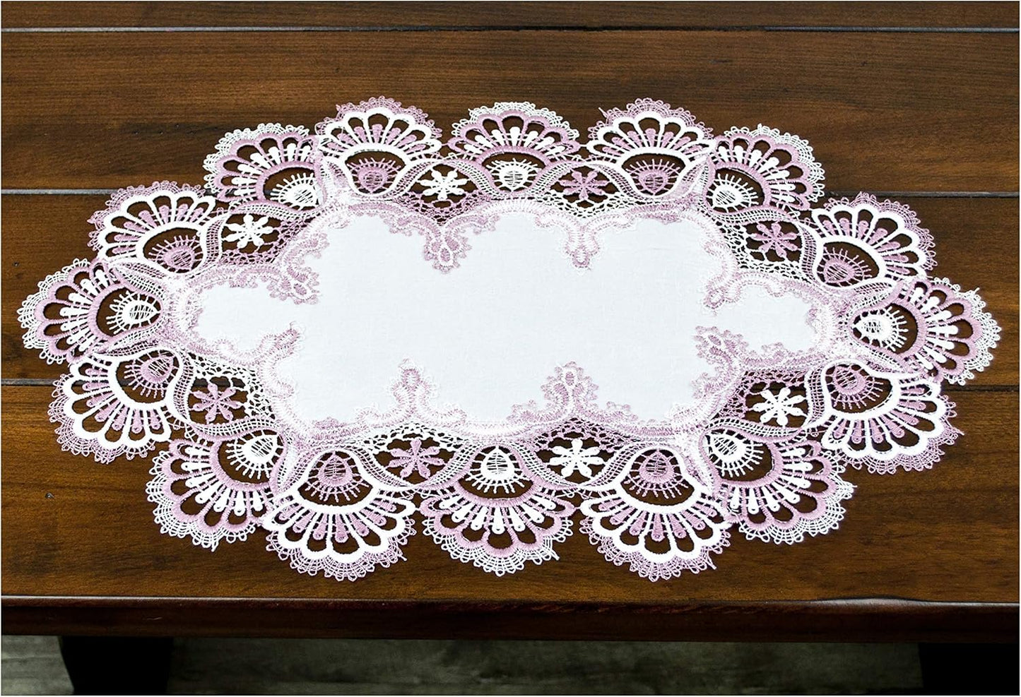 White Mauve Rose Jacquard Lace Place Mat Doily Dresser Scarf Table Runner Pink (14Wx21L)