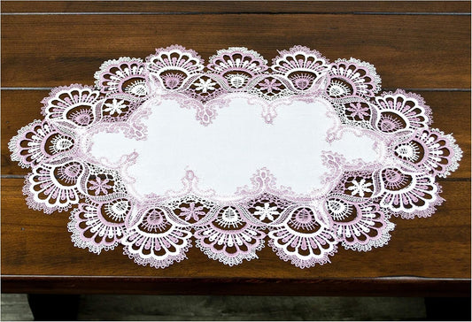 White Mauve Rose Jacquard Lace Place Mat Doily Dresser Scarf Table Runner Pink (14Wx21L)