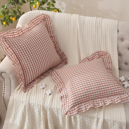 Pink Tan Gingham Throw Pillow Covers 100% Washed Cotton Like Linen Feel Soft Comfy Ruffle Farmhouse Decorative Pillow Cases Sham Set of 2 for Couch Sofa Bed (20x20 Inches, Zipper Closure)