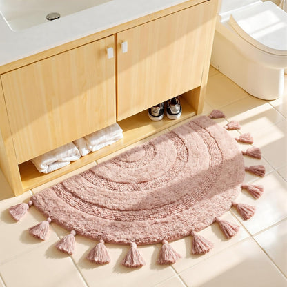 KOEXM Half Circle Crochet Cotton Rug with Tassels - Soft, Absorbent, Non-Slip Boho Bath Mat for Tub & Shower - 42"x22"