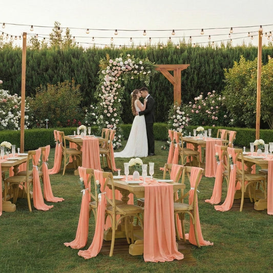 MDS Pack of 2 | Peach | 14ft Chiffon Table Runner 29x170 Inches Long Romantic Rustic Sheer Gauze Runner for Wedding Bridal Shower Birthday Banquets Engagement Spring Easter Boho Decorations