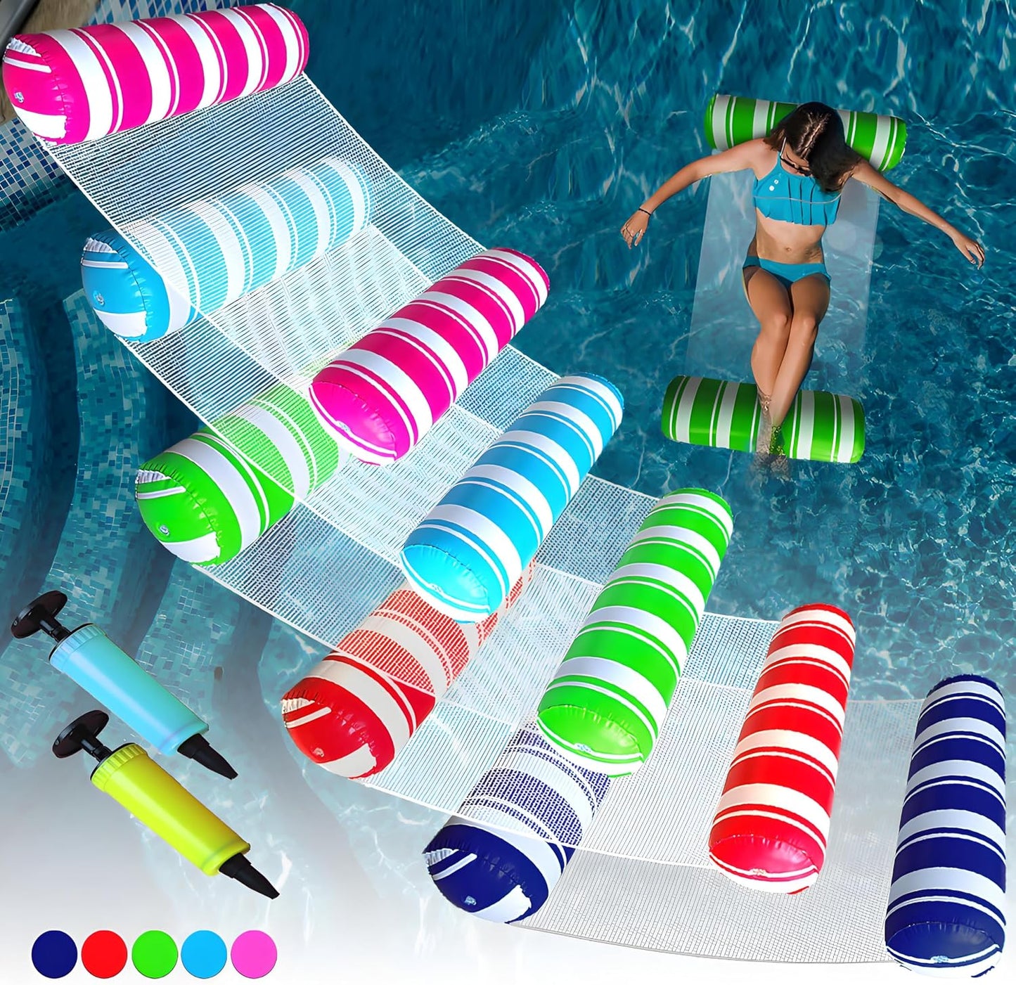 5 Pack Inflatable Pool Floats Adult Size Water Hammock,Hammock Floats for Adults,4-in-1 Multi-Purpose Pool Floating Toys,Pool Rafts Lounge Chairs Floaties,for Adults Vacation Fun and Rest