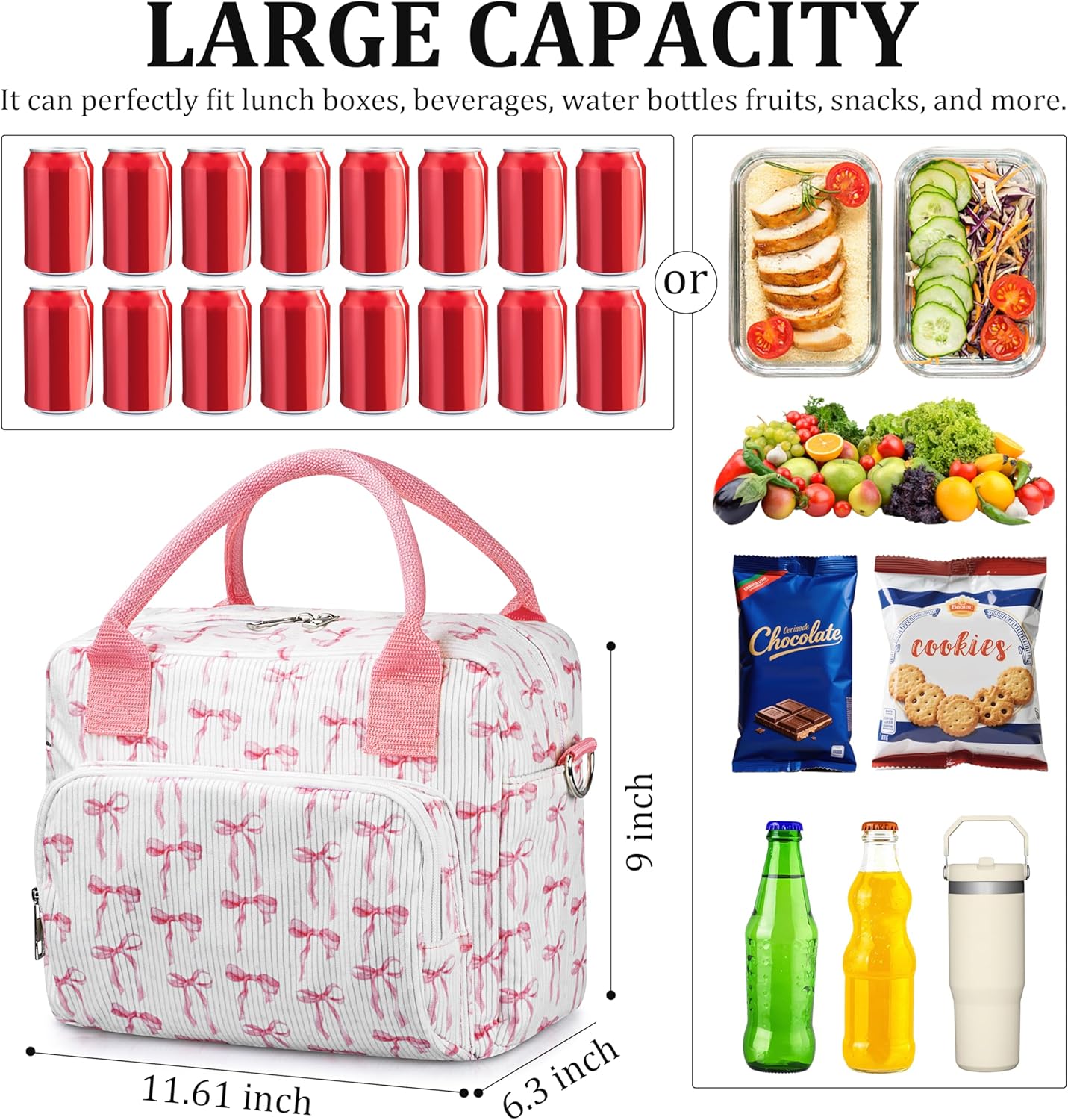 TESAFNG Lunch Box for Women Insulated Lunch Bag Cute Corduroy Lunch Tote Bags Lightweight Reusable Leakproof Cooler Bag with Adjustable Shoulder Strap for Work Office Travel Picnic (Pink Bow)