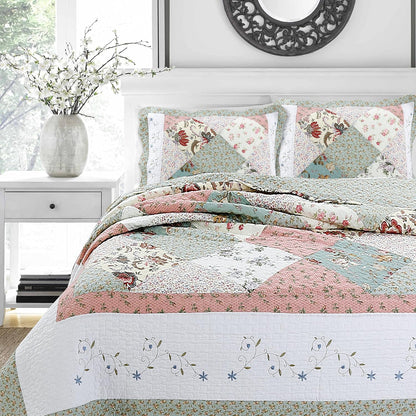 Cozy Line Home Fashions Floral Real Patchwork Green Peach Scalloped Edge Country 100% Cotton Quilt Bedding Set, Reversible Coverlet Bedspread (Celia, Queen - 3 piece)