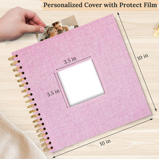 10 x 10 Inch Scrapbook Photo Album Linen Cover 20 Sheets/ 40 Pages, Hardcover Kraft White Pages Memory Book, for Travel Wedding Guest Book Christmas Baby Shower Fits 4x6 & Instant Photos, Pink