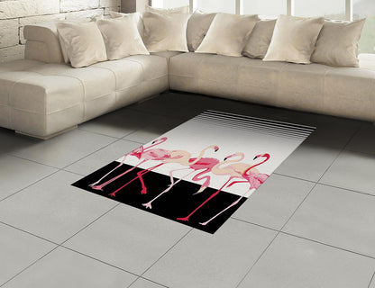 Lunarable Retro Area Rug, Flamingo Birds on Background Stripes Modern Cartoon Illustration Graphic, Flat Woven Accent Rug for Living Room Bedroom Dining Room, 4' X 5' 7", Black Pink Pale Peach