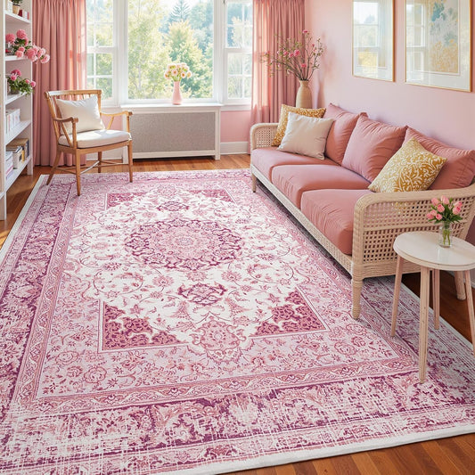 Macgace 5x7 Bright Pink Area Rug for Living Room, Machine Washable Rugs with Non-Slip Backing for Girls Bedroom, Cute Vintage Carpet for Kitchen Laundry Kids Room