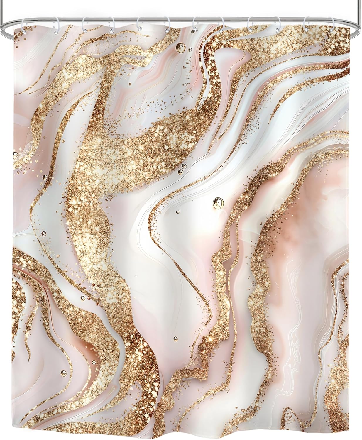 Omifly Abstract Pink Gold Marble Shower Curtain 60Wx72H Inch Modern Minimalist Girls Fluid Ink Texture Golden Luxury Cracked Lines with 12 Plastic Hooks Fabric Waterproof Toilet Accessories Decor