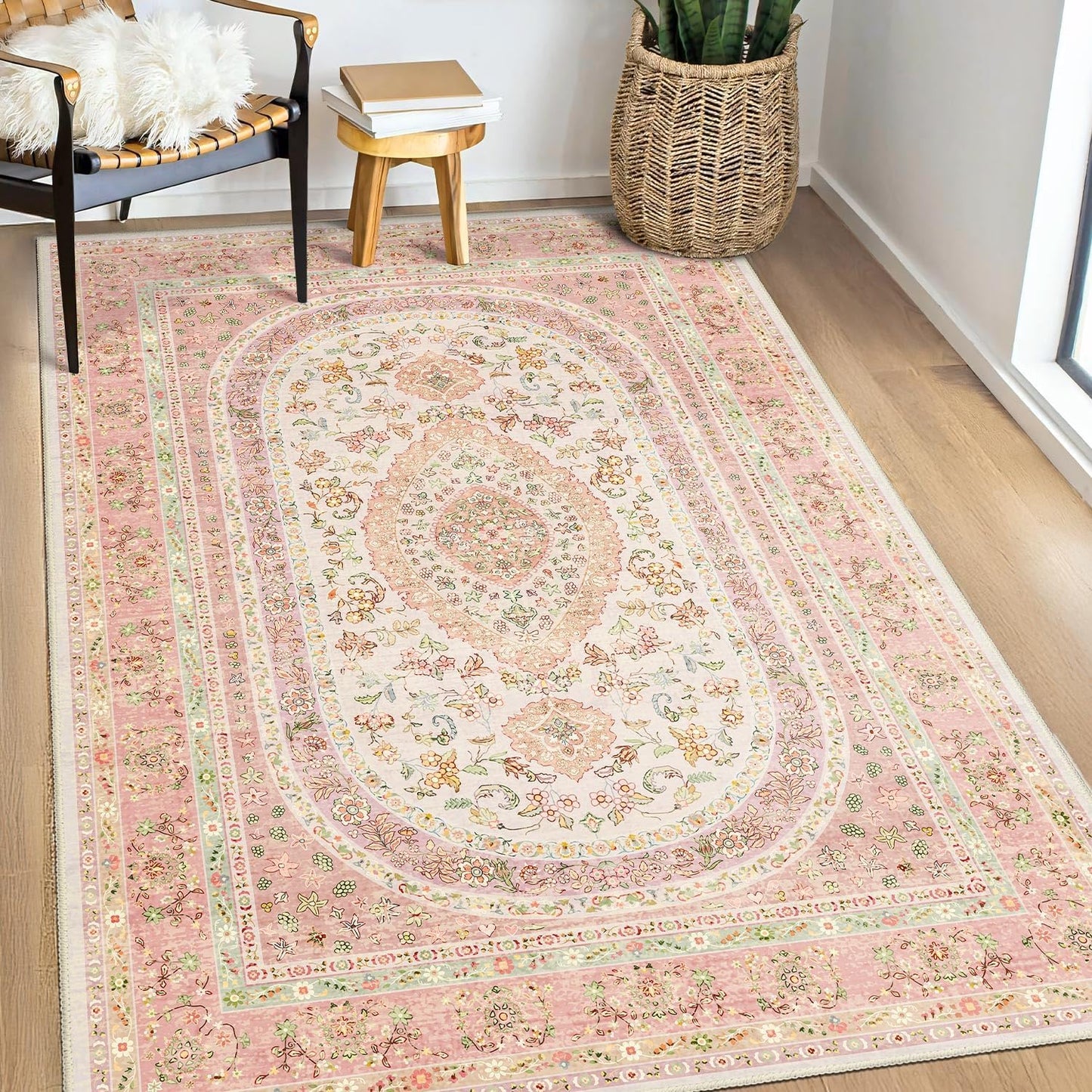 Pink Rug 3x5,Boho Washable Area Rugs for Bedroom Living Room Kitchen Entryway,Small Vintage Distressed Farmhouse Non Slip Carpet,Blush Floral
