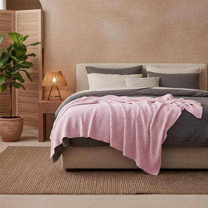 Bedsure 100% Cotton Throw Blanket for Couch 50x70 inches - Cooling Breathable and Soft for Summer, Waffle Weave Throw Blanket for Office, Pink
