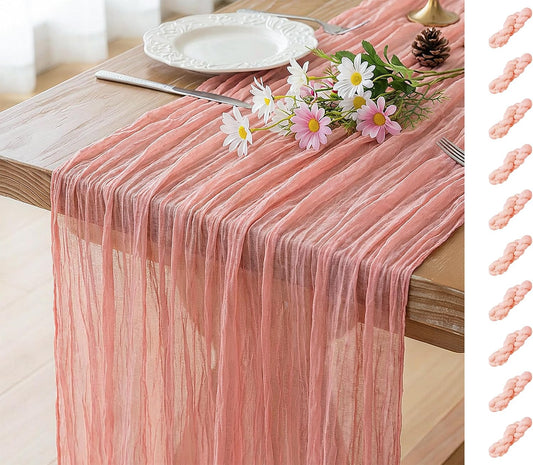 FEXIA 10 Pack Pink Gauz Table Runner 35x120 Inches Peach Table Runner for Mother's Day Bridal Shower Wedding Party First Communion Centerpiece Engagement Boho Table Decoration (Pink)