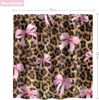 Pink Bow Leopard Print Shower Curtain 72Wx72H Inches Bownot Retro Brown Wild Safari Skin Pattern Fashion Girly Sweet Cloth Fabric Waterproof Polyester Bathroom Home Decor Set with Hooks
