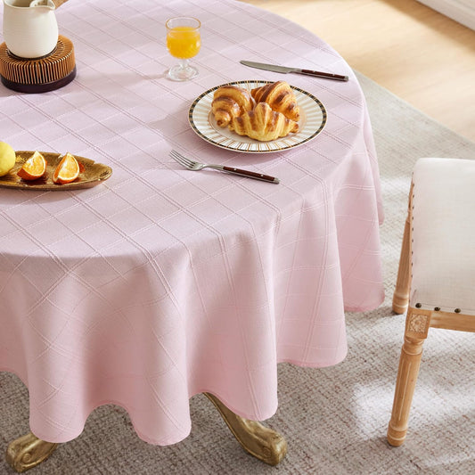 ZeeMart Linen Checked Round Table Cloth 60 Inch Pink | Farmhouse Style Plaid Embroidered Pink Water Resistant Round Table Cover