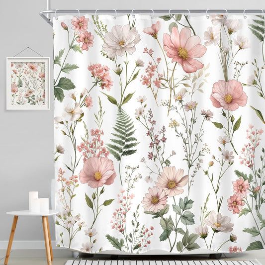 MESHELLY Pink Shower Curtain, 72" x 72" Floral Flower Cute Watercolor Design with Wildflowers & Botanical Leaves, Modern Bathroom Decor with 12 Hooks, Farmhouse Cottage core Spring Bath Accessories